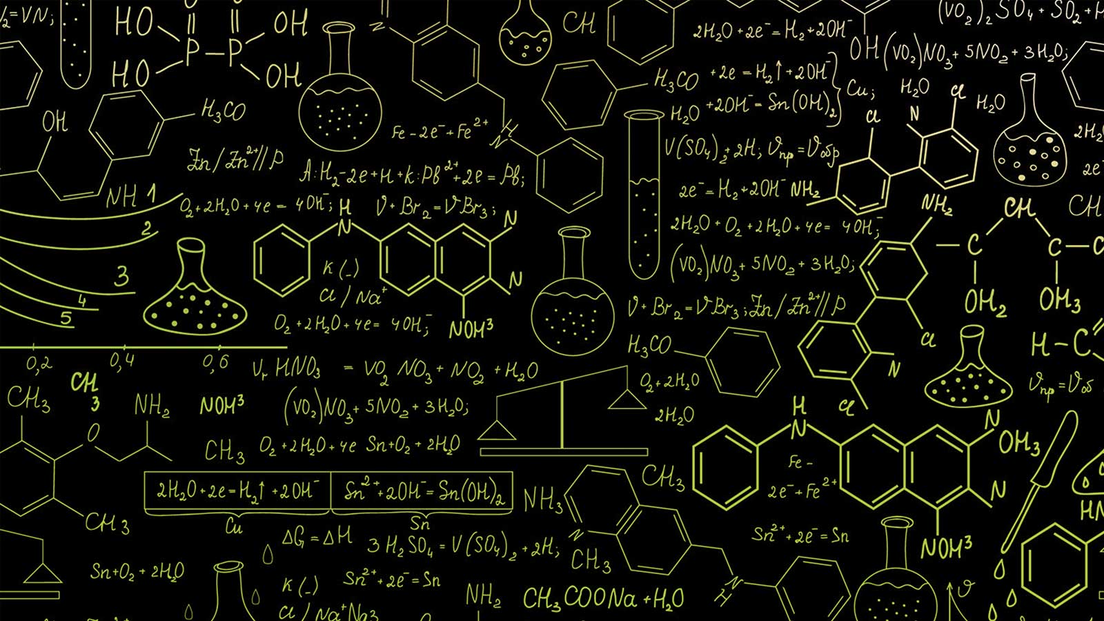 hand drawn equations and scientific tools used in physics and chemistry