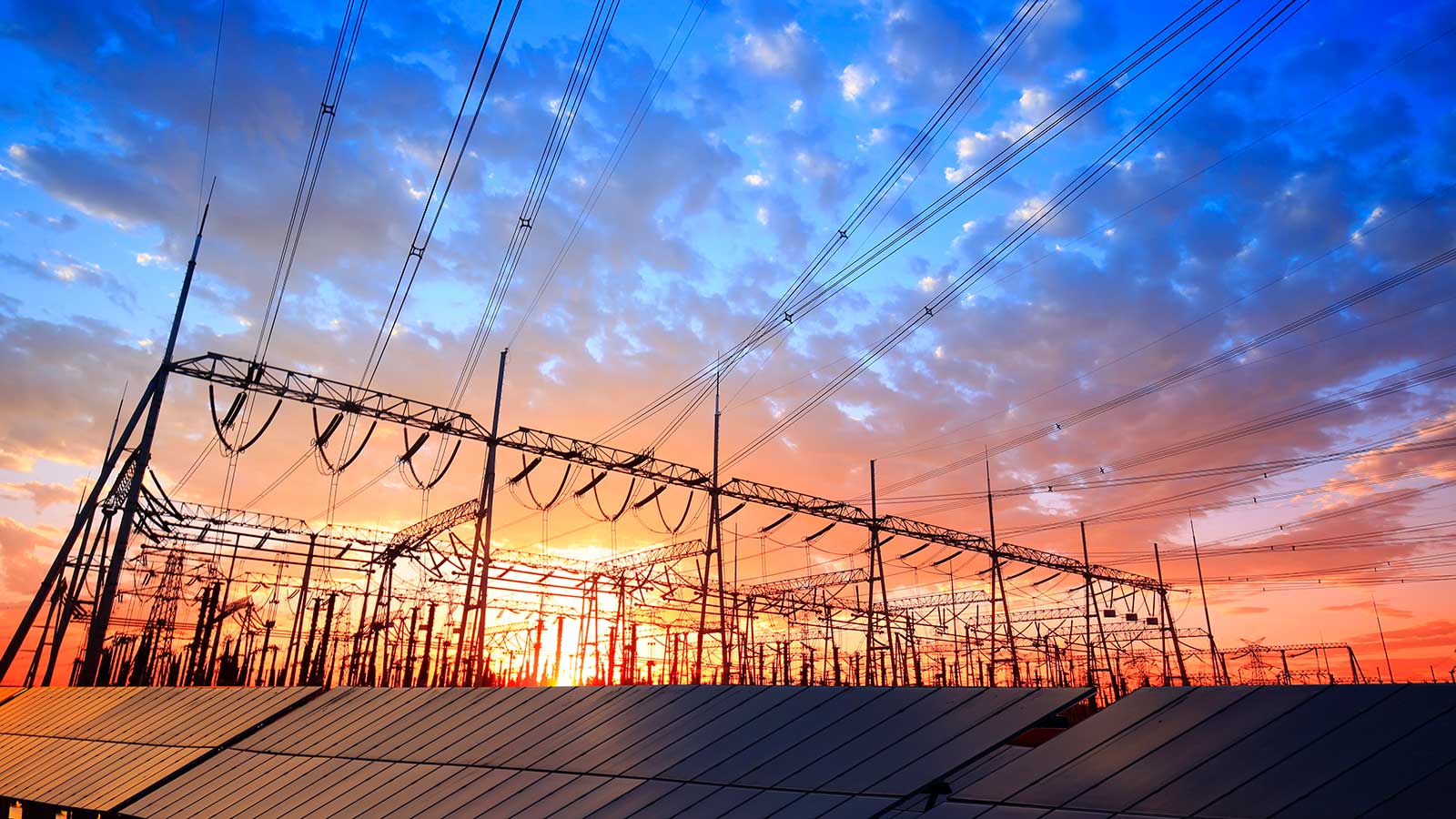 solar panels in front of power lines