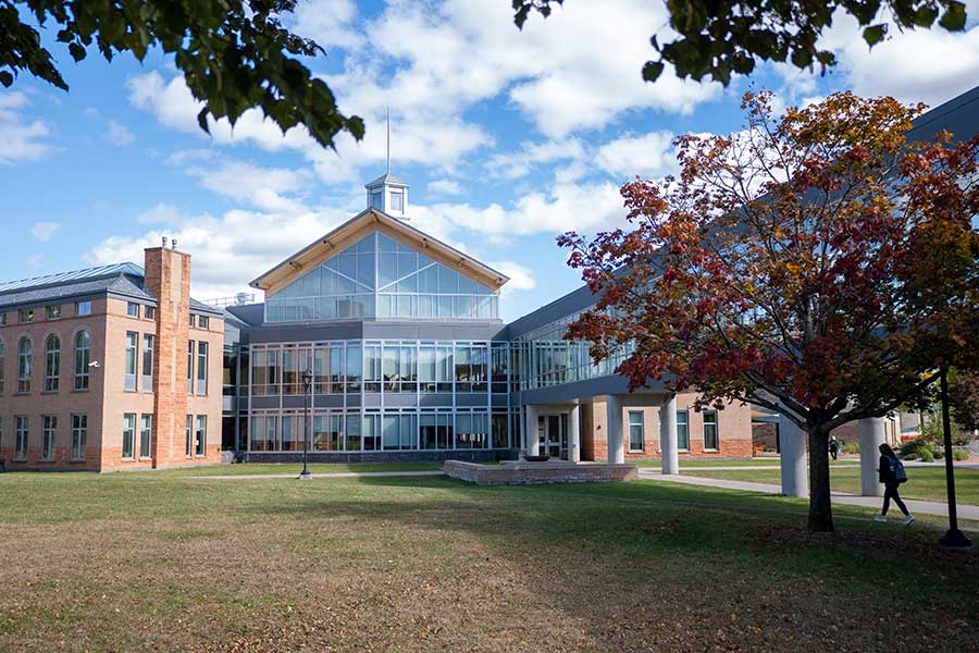 View of the Student Center building on campus in Potsdam, NY
