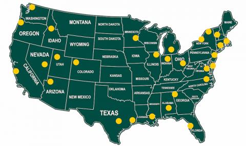 Map of the United States with fieldwork locations designated