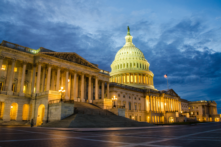 The U.S. Capitol Building at night. 