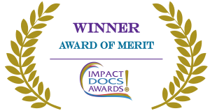 A photo of the Impact Docs Merit award.