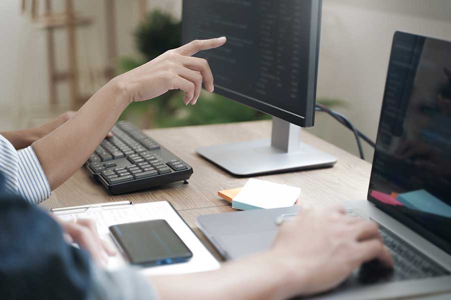 An individual teaching another person something on a computer