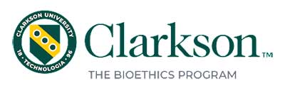 Logo, reading "Clarkson (TM). The Bioethics Program. With Clarkson University seal on left."