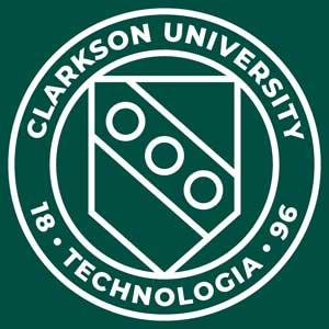 Green and white Clarkson University seal, reading "Clarkson University, Technologia, 1896"