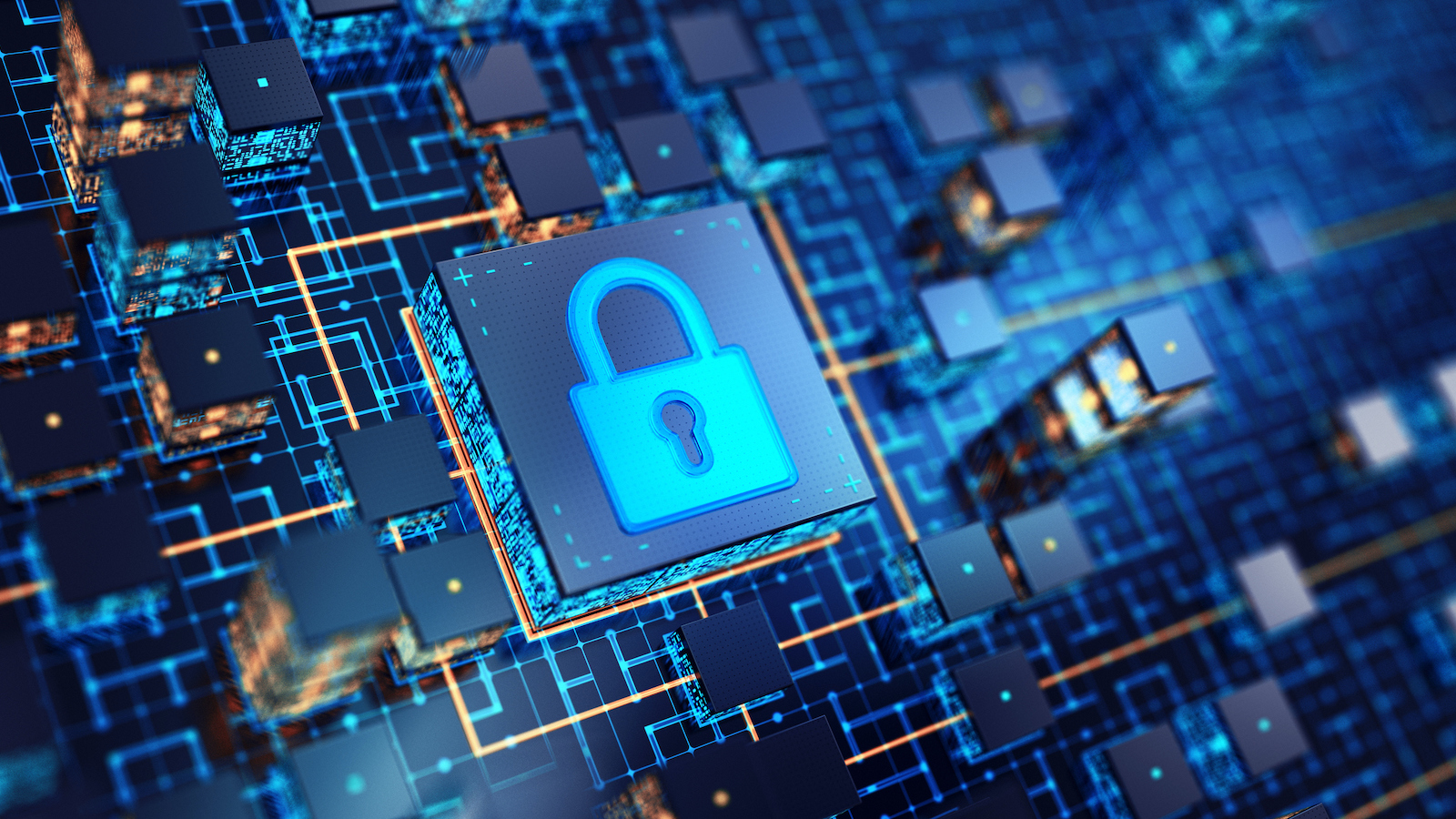 Graphic representation of computer board with a lock superimposed on it.