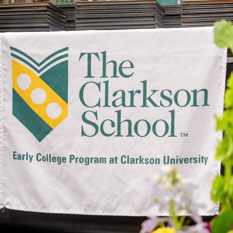 A sign of the logo of title for the clarkson school