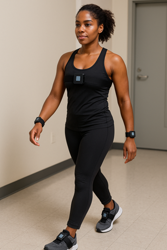 A woman in black athletic wear takes a pronounced step to demonstrate walking ability.