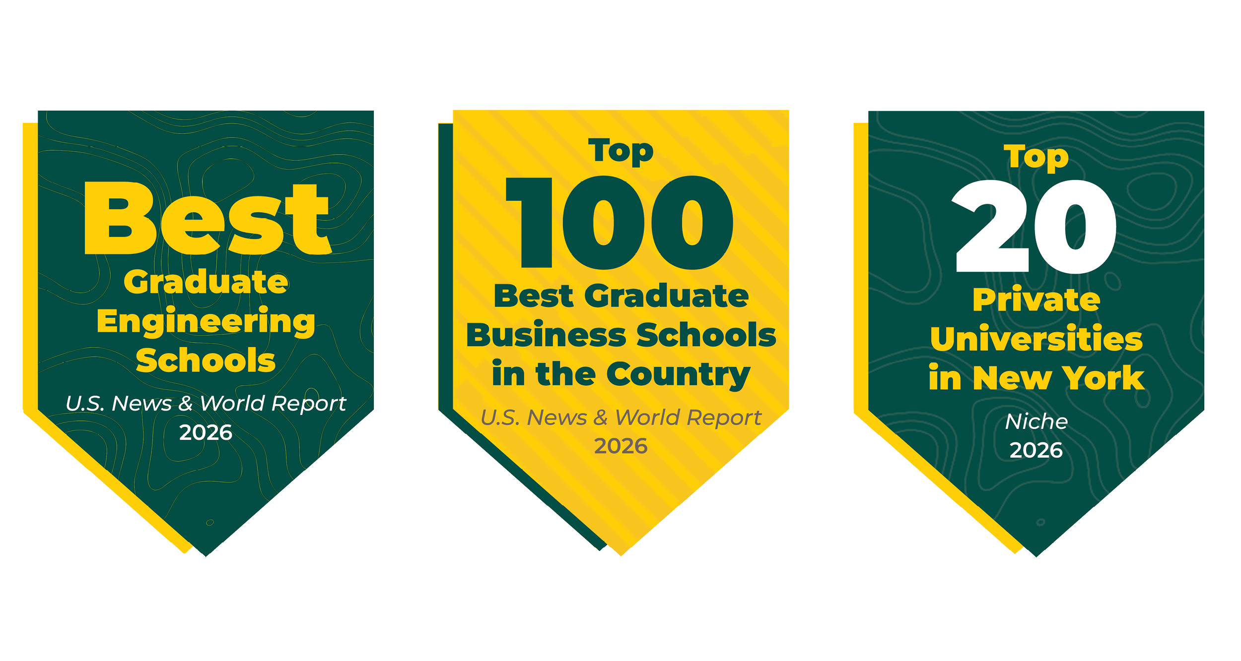 LEFT CARD: Best Graduate Engineering Schools quoting U,S, News and World Report in 2026. MIDDLE CARD: Top 100 Best Graduate Business Schools in the country quoting  U.S. News and World Report in 2026. RIGHT CARD: Top 20 Private Universities in New York quoting Niche