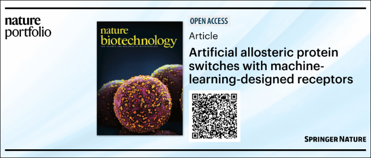 a banner from Nature Portfolio featuring the cover of Nature Biotechnology journal and the headline of the article referenced in the above story, with a QR code linking to the journal article online.