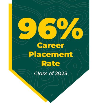 Green and Yellow Shield showcasing 96% career placement rate from the class of 2025.  