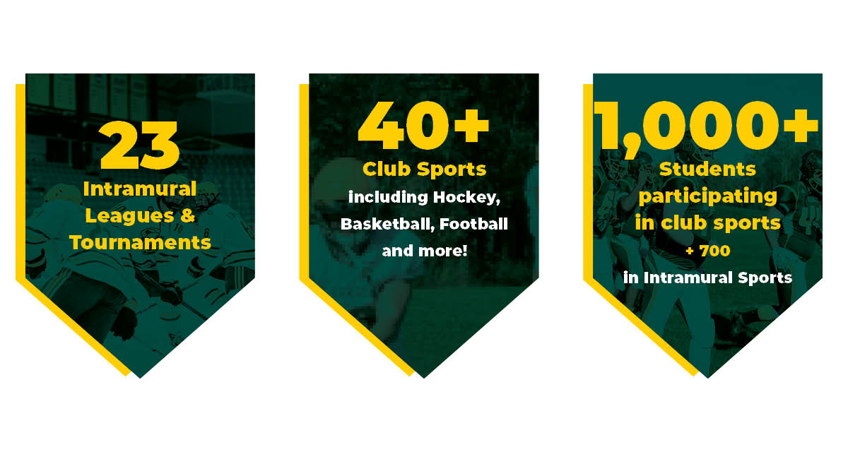 Three green and gold banners showing Clarkson University sports statistics: 23 Intramural Leagues & Tournaments; 40+ Club Sports including Hockey, Basketball, Football, and more!; 1,000+ Students participating in club sports + 700 in Intramural Sports.