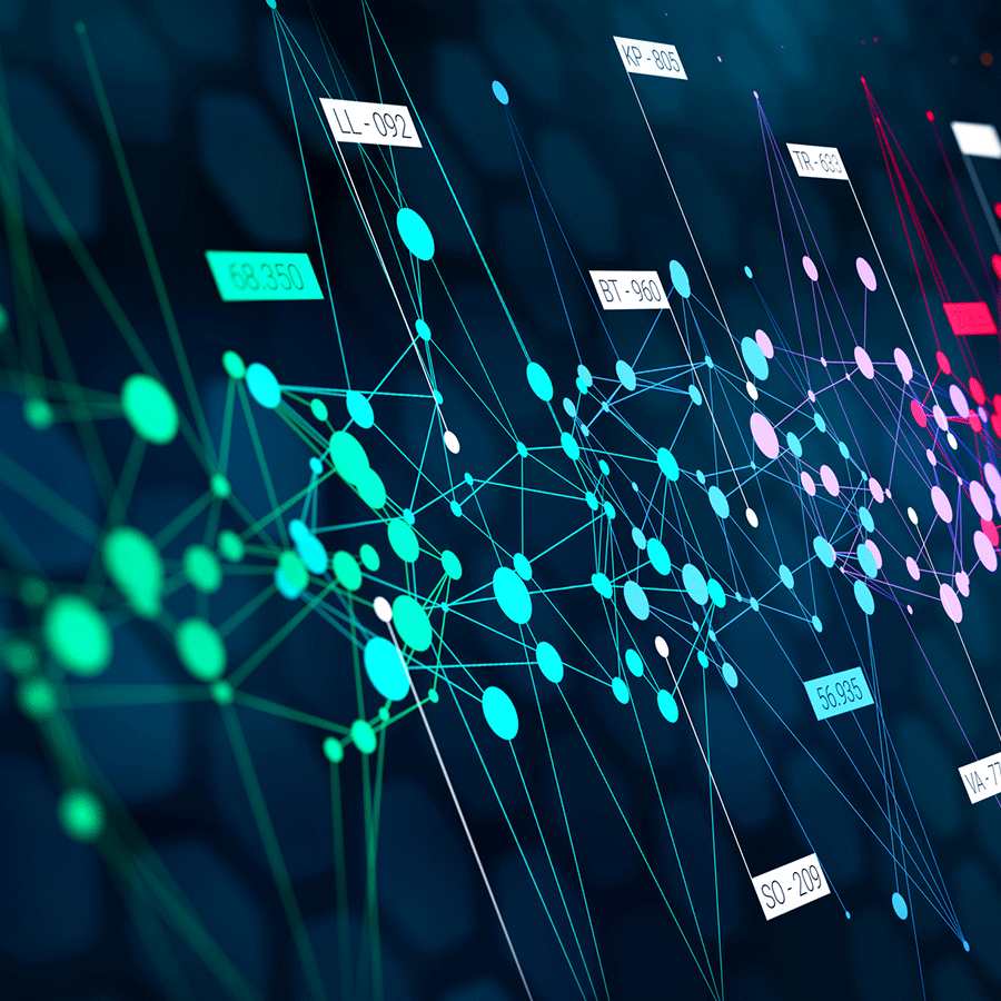 Big data analytics with AI technology. Data analyst analyzing and visualizing complex information network with artificial intelligence. Machine learning algorithm for business analytics and finance.